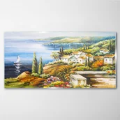 Obrazy i zdjęcia - PL Coloray Obraz na Szkle wybrzeże wioska łodzie kwiaty 100x50cm - miniaturka - grafika 1