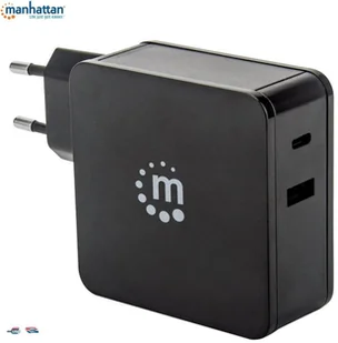 Manhattan Ładowarka Sieciowa Power Delivery 3.0 USB-C 60W 5-20V) USB-A 5V 2.4A Czarna - Ładowarki do telefonów - miniaturka - grafika 2