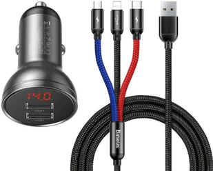 Baseus ładowarka samochodowa 2x USB 4,8A 24W z LCD + kabel 3w1 USB - USB Typ C / micro USB / Lightning 1,2m czarny (TZCCBX-0G) - Ładowarki samochodowe - miniaturka - grafika 3