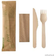 Naczynia i sztućce jednorazowe - PAPSTAR Komplet sztućców z drewna, "pure", : nóż, widelec, serwetka w papierowej saszetce 88270 - miniaturka - grafika 1