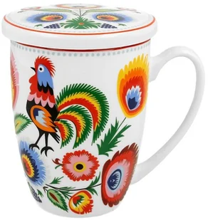 Duo Zestaw Kubek Porcelanowy z Zaparzaczem Wzory Ludowe Kwiaty Kogut 420 ml - Kubki - miniaturka - grafika 3