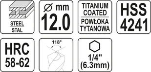 Yato WIERTŁO FREZUJĄCE DO METALU 12,0MM HSS-TiN HEX YT-44830 - Wiertła - miniaturka - grafika 5