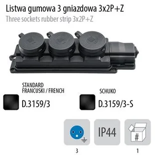 Pawbol Listwa gumowa 3 gniazdowa czarna IP 44 D.3159/3 - Kostki, złączki, wtyczki - miniaturka - grafika 3