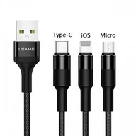 Kable USB - USAMS Kabel pleciony 3w1 U5 1,5m czarny lightning/microUSB/USB-C US-SJ219 - miniaturka - grafika 1