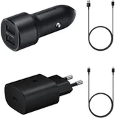 Pozostałe akcesoria do telefonów - Samsung Charger set zestaw ładowarka samochodowa 15W, ładowarka sieciowa 25W, kabel USB - USB Typ C 1,5m, kabel USB Typ C 1,8m 3A (eco pack) czarny - miniaturka - grafika 1