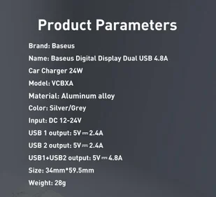 Baseus ładowarka samochodowa 2x USB 4,8A 24W z LCD + kabel 3w1 USB - USB Typ C / micro USB / Lightning 1,2m czarny (TZCCBX-0G) - Ładowarki samochodowe - miniaturka - grafika 16