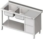 Stoły gastronomiczne - Stalgast Stół ze zlewem dwukomorowym (L) z blokiem dwóch szuflad i półką 1500x60 - miniaturka - grafika 1
