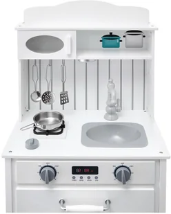 Mamabrum Biała drewniana kuchnia z fartuszkiem, akcesoriami i lampą LED WOODEN KITCHEN 133 - Zabawki AGD - miniaturka - grafika 2