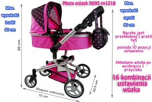 Super-Toys MEGA WÓZEK WIELOFUNCYJNY 16 FUNKCJI HIT/9695 9695-1218+HOTPINK - Wózki dla lalek - miniaturka - grafika 2