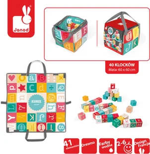 Janod Klocki drewniane z matą do zabawy Kubix 40 sztuk litery i cyfry 3700217380779 - Klocki - miniaturka - grafika 3