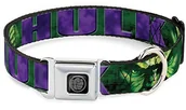 Obroże dla psów - Buckle-Down Obroża dla psa pas bezpieczeństwa klamra Hulk twarz zbliżenie akcja poza zielonymi fioletami 28 cm do 43 cm szerokości 2 cm DC-SB-HUK-WHU008-1.0-M - miniaturka - grafika 1