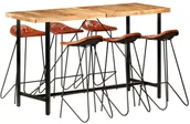 Stoły z krzesłami - shumee Zestaw 7 mebli barowych lite drewno akacjowe i naturalna skóra - miniaturka - grafika 1
