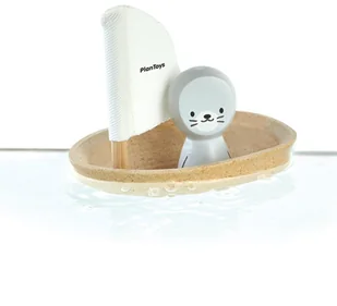Plan Toys Drewniana żaglówka z foczką do kąpieli - zabawka z drewna żaglówka do wanny, 12m + PLTO-5710 - Zabawki do kąpieli - miniaturka - grafika 3