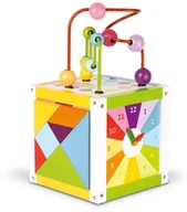 Zabawki interaktywne dla dzieci - Janod DREWNIANA KOSTKA EDUKACYJNA z pętlą 5w1 J08090 - miniaturka - grafika 1