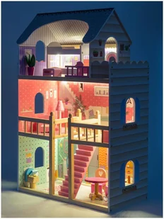 Mamabrum Duży drewniany 3-piętrowy domek dla lalek z tarasem zestawem mebli i oświetleniem LED DOMEK W06A405 - Domki dla lalek - miniaturka - grafika 25