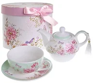 Dzbanki i imbryki - London Boutique Zestaw do herbaty Tea for One dzbanek na herbatę filiżanka suacer tulipan motywów Chic Flora ptak róża Butterfly porcelana prezent-Box, niebiesko-zielony, 15x15cm - miniaturka - grafika 1