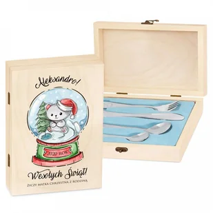 Murrano Zestaw Sztućców Dla Dzieci W Drewnianym Etui Nadruk Świąteczny Miś SZT-ANIMALS_DRW-UV-037 - Sztućce dla dzieci - miniaturka - grafika 2