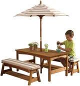 Meble ogrodowe - KidKraft KidKraft Ogrodowy drewniany Stół z ławkami i parasolem w kolorze beżowym 00500 - miniaturka - grafika 1