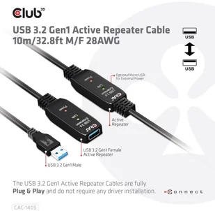 Club 3D USB 3.2 Gen1 aktywny przedłużacz 10 metrów szt./B. 28 AWG CAC-1405 - Kable USB - miniaturka - grafika 4