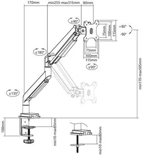 Digitus Ramię biurkowe pojedyńcze z zaciskiem 1xLCD max. 32 cale max. 9 kg uchylno-obrotowe 180 (PIVOT) DA-90394 - Uchwyty do monitorów - miniaturka - grafika 12