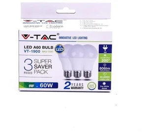V-TAC Żarówka LED 9W E27 A60 Zestaw (Opak. 3szt) VT-1900 4000K 806lm - Żarówki LED - miniaturka - grafika 3