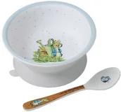 Miseczki i talerzyki dla dzieci - Petit Jour Paris Miseczka z przyssawką i łyżeczką, Królik Piotruś | BP702P - miniaturka - grafika 1