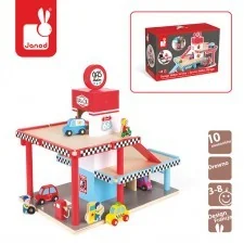 janod Stacja benzynowa garaż drewniany z 8 elementami 3700217357184 - Tory, garaże, parkingi - miniaturka - grafika 2