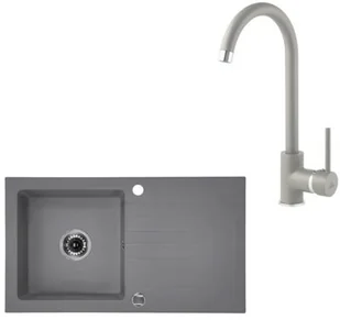 Deante Zorba Zestaw Zlewozmywak granitowy jednokomorowy 76x44 cm + bateria kuchenna wysoka szary metalik ZQZBS113 - Zlewozmywaki z baterią - miniaturka - grafika 2