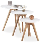 Ławy i stoliki kawowe - Relaxdays 3-częściowy zestaw stolików pomocniczych, nogi stołu z drewna z orzecha włoskiego (kolor: naturalny, 50, 40 i 32 cm), biały blat, skandynawskie wzornictwo 10020644 - miniaturka - grafika 1