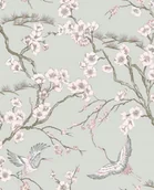 Tapety - Szara Tapeta Winylowa Natura Ptaki Kwiaty Gałązki - miniaturka - grafika 1