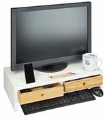 Akcesoria do monitorów - Relaxdays bambusowy stojak na monitor, podwyższenie ekranu z 2 szufladami i półkami, 14 x 60 x 30 cm, biały/naturalny - miniaturka - grafika 1