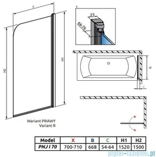 Radaway Eos PNJ Parawan nawannowy 70 prawy przejrzyste 1205101-101R | - Parawany nawannowe - miniaturka - grafika 2