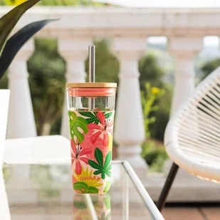 QUOKKA Quokka Liquid Cube Kubek szklany 540 ml ze słomką ze stali nierdzewnej (Pink Jungle) - Shakery i bidony sportowe - miniaturka - grafika 3