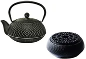 Dzbanki i imbryki - Kwiat Lotosu Dzbanek Żeliwny z Zaparzaczem czarno-srebrny z podgrzewaczem zestaw żeliwny do herbaty 10982 - miniaturka - grafika 1