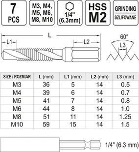 YATO ZESTAW WIERTŁA-GWINTOWNIKI M3-M10 7SZT HEX YT-44849 - Gwintowniki - miniaturka - grafika 6