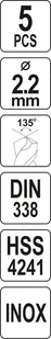 Yato WIERTŁO DO METALU HSS PREMIUM 2,2MM DO WIERCENIA W STALI INOX 5SZT YT-44205 - Wiertła - miniaturka - grafika 4