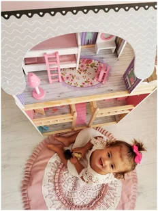 Mamabrum Duży drewniany 3-piętrowy domek dla lalek z tarasem zestawem mebli i oświetleniem LED DOMEK W06A405 - Domki dla lalek - miniaturka - grafika 5