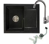 Zlewozmywaki - Brado Zlewozmywak granitowy DONZO czarny nakrapiany z baterią inox i syfonem donzocnbatin - miniaturka - grafika 1