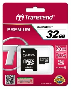 Transcend MicroSDHC 32GB + adapter (TS32GUSDHC10) - Karty pamięci Transcend MicroSDHC 32GB + adapter (TS32GUSDHC10) - Karty pamięci - miniaturka - grafika 1