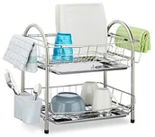 Suszarki do naczyń - Relaxdays Stelaż do ociekania  2 pięter, wkład na sztućce Feeding tacce, stal nierdzewna wys. x szer. x gł.: 39,5 x 60 x 22 cm, srebrny 10020389 - miniaturka - grafika 1