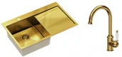 Zlewozmywaki z baterią - QUADRON Quadron Zlewozmywak stalowy jednokomorowy 78 48 20 cm z ociekaczem RUSSEL 111 kolor złoty z baterią RACHEL Q LINE - miniaturka - grafika 1