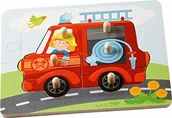 Układanki dla dzieci - Haba 302536 puzzle z uchwytem, straż pożarna, 6-częściowe puzzle drewniane z motywem straży pożarnej i dużymi drewnianymi guzikami do chwytania, zabawka drewniana od 12 miesięcy - miniaturka - grafika 1