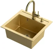 Zlewozmywaki z baterią - STEINER Zlewozmywak granit + bateria + syfon złoty JOHNNY 110 - miniaturka - grafika 1