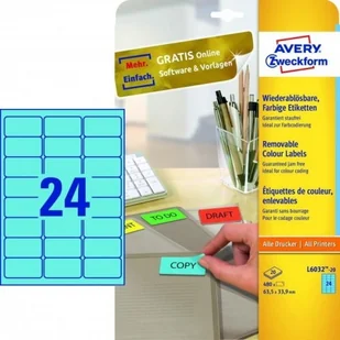 Avery Zweckform Etykiety kolorowe usuwalne Zweckform niebieskie 63,5 x 33,9mm 20 ark./op. - Etykiety samoprzylepne i bloki etykiet - miniaturka - grafika 2