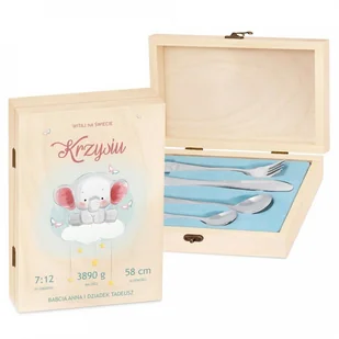 Murrano Zestaw Sztućców Dla Dzieci W Drewnianym Etui Nadruk Słonik SZT-ANIMALS_DRW-UV-022 - Sztućce dla dzieci - miniaturka - grafika 2