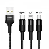 Kable USB - USAMS Kabel pleciony 3w1 U5 1,5m czarny lightning/microUSB/USB-C US-SJ219 - miniaturka - grafika 1