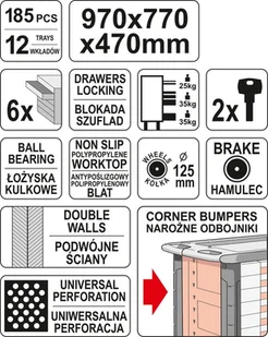 656 65669920 Wózek szafka serwisowa z narzędziami 6 szuflad 185 narzędzia wymiary 97x77x47 cm) 69920-uniw - Podnośniki - miniaturka - grafika 5