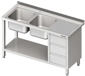 Stoły gastronomiczne - Stalgast Stół ze zlewem dwukomorowym (L) z blokiem trzech szuflad i półką 1600x6 - miniaturka - grafika 1