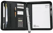 Teczki i skoroszyty - WEDO WEDO 581101 teczka na dokumenty A4, groszkowana skóra syntetyczna, zamek błyskawiczny, kilka kieszeni, wyjmowany mechanizm 4-pierścieniowy, szlufki na długopis, w zestawie kalkulator solarny, czarna 581101 - miniaturka - grafika 1
