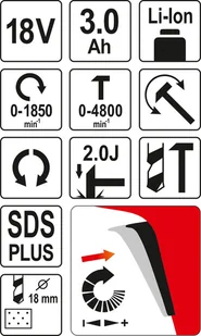 Yato MŁOTOWIERTARKA SDS PLUS 18V Z FUNKCJĄ PODKUWANIA 3,0AH W WALIZCE YT-82770 ZYSKAJ RABAT 30 ZŁ YT-82770 - Młoty udarowe - miniaturka - grafika 6